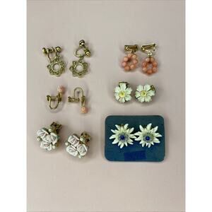 Vintage MCM Metal Enamel Floral Earrings Cluster Clip On Screwback LOT of 6